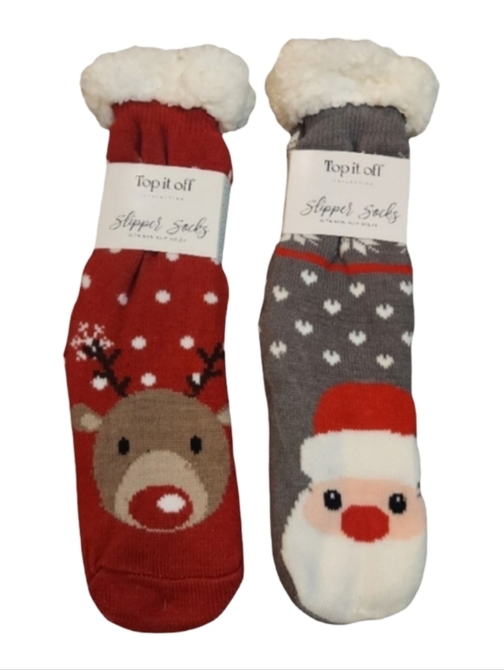 Lot Of 2 Top It Off Santa And Rudolph Slipper Socks